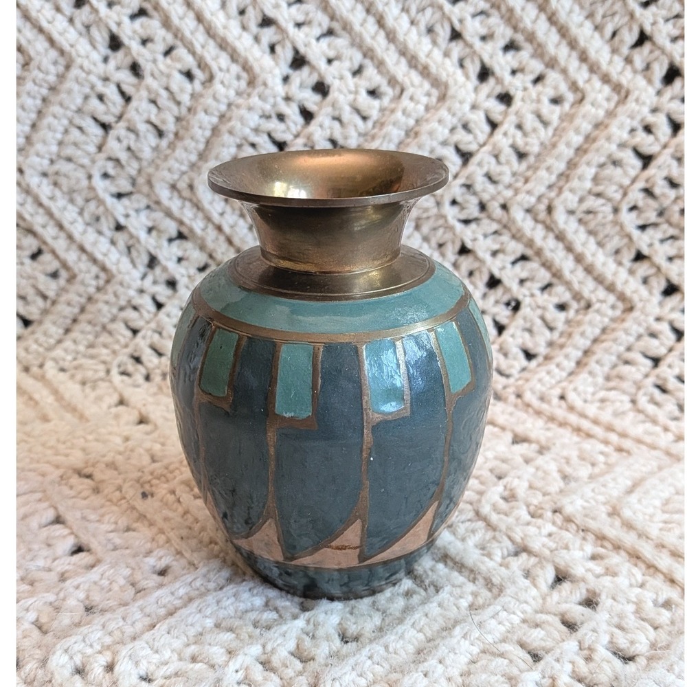 Vintage Solid Brass India Enameled Bud Vase Teal Green Geometric Global 5 Inch
